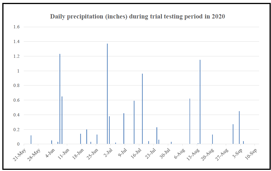daily precipitation during trial testing period in 2020
