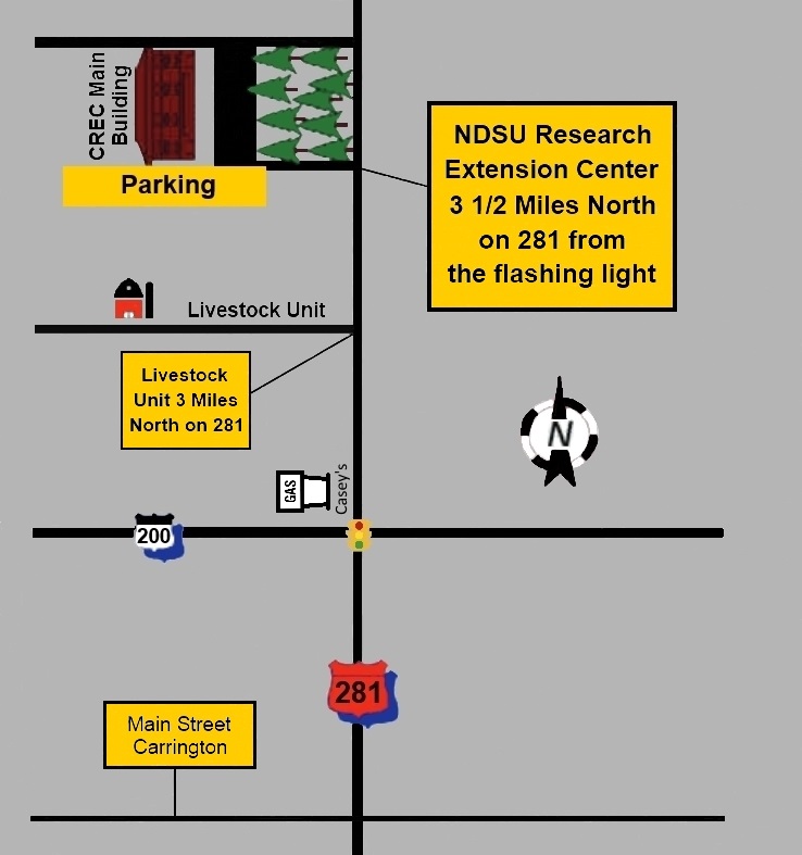 The Carrington Research Extension Center can be found 3.5 miles North on 281 from the 200 & 281 intersection.