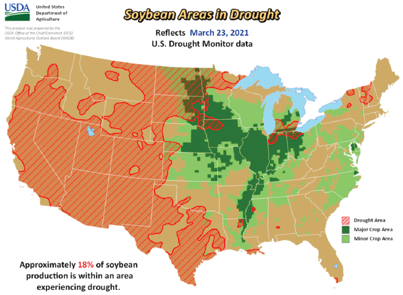 Map of soybeans in drought 3-23-21