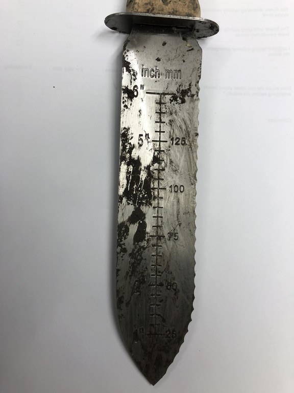 A hori hori knife can be used to cut, dig and measure. (NDSU photo)