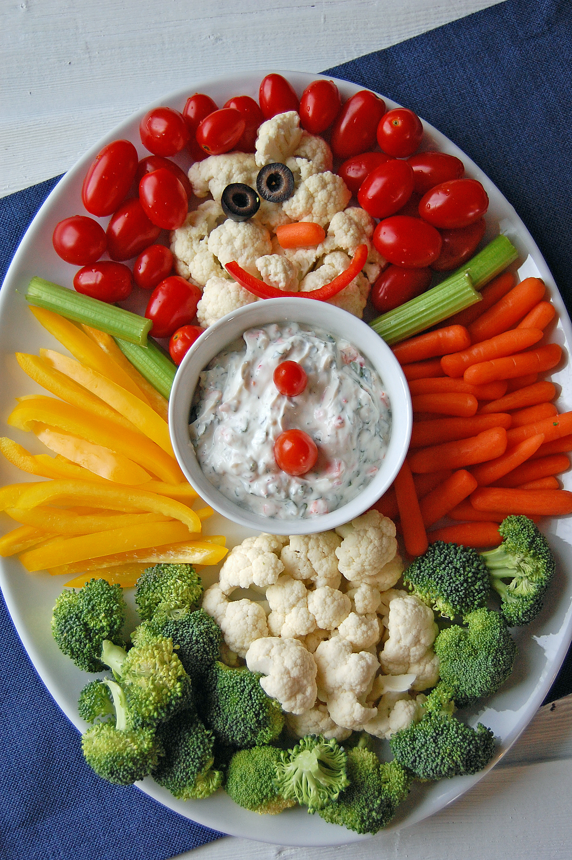 This snowman veggie platter makes a great contribution to a holiday potluck. (NDSU photo)