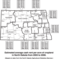 Estimated average cash rent per acre of cropland in North Dakota from 2003 to 2008