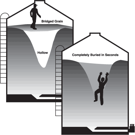 Grain kernels may stick together, forming a crust or bridge. A hollow may develop under the crust when grain is removed from the bin. The bridge can collapse under a person's weight, burying the person in seconds.