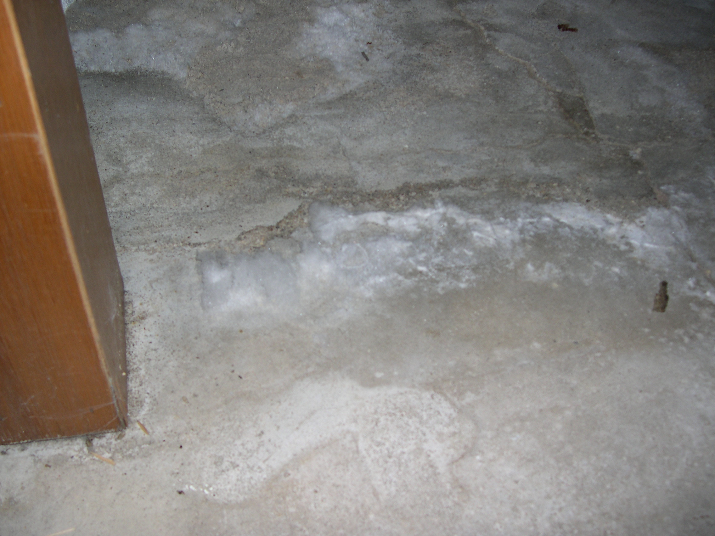 White, fluffy-looking mineral deposits are left behind as water evaporates from basement floors and walls.