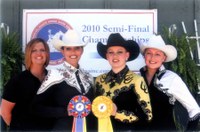 The three NDSU equestrian team members who advanced to semifinal competition in Pomona, Calif., show off their ribbons. Pictured are, from left: team coach Tara Swanson and team members Sara Holman, Juliann Zach and Jenna Benjaminson.