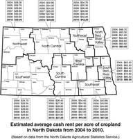 Estimated average cash rent per acre of cropland in North Dakota from 2004 to 2010