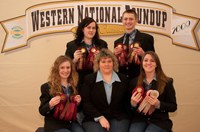 The Burleigh County horse judging team displays the ribbons it won at the Western National Roundup in Denver. Pictured are (from left), front row: team member Kodi Lardy, coach Sheila Scholl and team member Abby Lengenfelder; back row: team members Caryn Scholl and Ross Stanley.