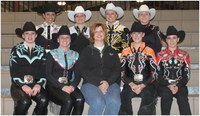 Eight members of NDSU's 2009-10 Western equestrian team are advancing to postseason regional competition in March. Pictured are: bottom row, left to right, team members Juliann Zach and Janelle Lanoue, coach Tara Swanson and team members Amanda Grev and Alyssa Jorgenson; top row, left to right, team members Sara Holman, Shannon Voges, Jenna Benjaminson and Megan Mueller.