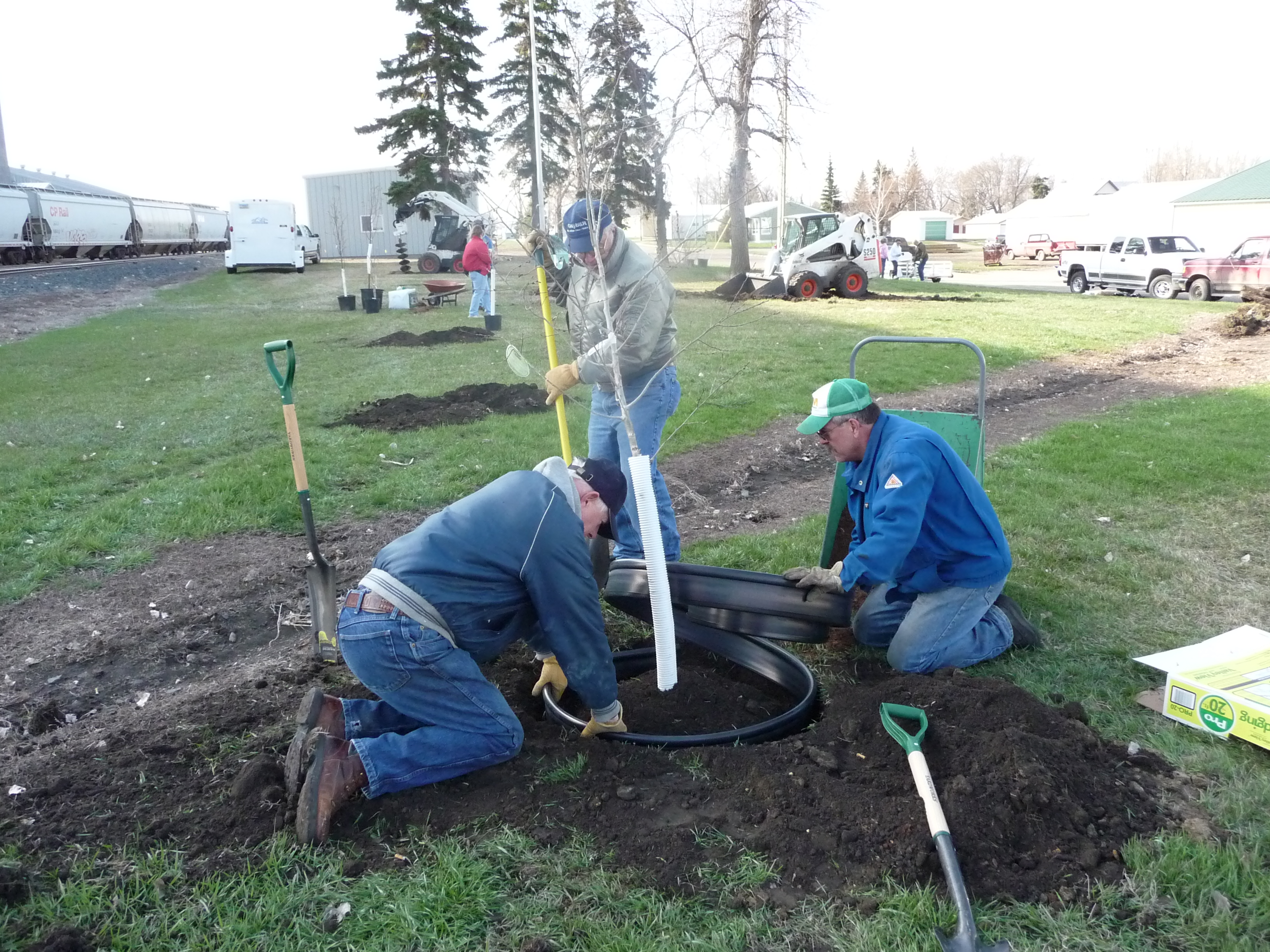 Volunteers plant trees in Veterans Memorial Park in Underwood, N.D., as part of the community's 2009-10 Horizons program efforts.