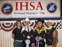 Two members of NDSU's equestrian team display the ribbons they received at the Intercollegiate Horse Show Association's national horse show in Lexington, Ky. Pictured are, from left: team coach Tara Swanson, junior Sara Holman, freshman Juliann Zach and IHSA founder Bob Cacchione.