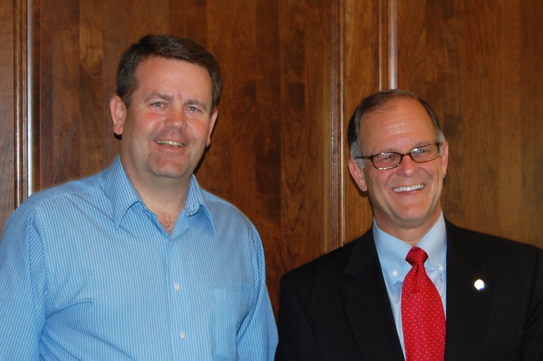 ADM President Scott Nagel (left) meets with NDSU President Dean Bresciani to discuss CTR