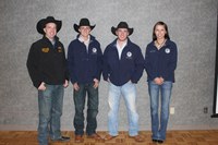 Three members of NDSU's rodeo team compete in the College National Finals Rodeo in Casper, Wyo. Pictured are (left to right): team coach Tate Eck and team members James Kapp, Austin Martin and Jordy Rist.