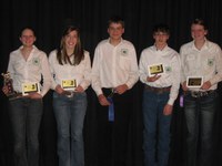 A Ransom County 4-H team won first place in the senior division of the livestock judging contest at the North Dakota Winter Show. The team members (from left to right) are: Nicole Smith, McLeod; Dani Buskohl, Wyndmere; Craig Gregor, McLeod; Klay Oland, Sheldon; and Carlyssa Quam, McLeod.