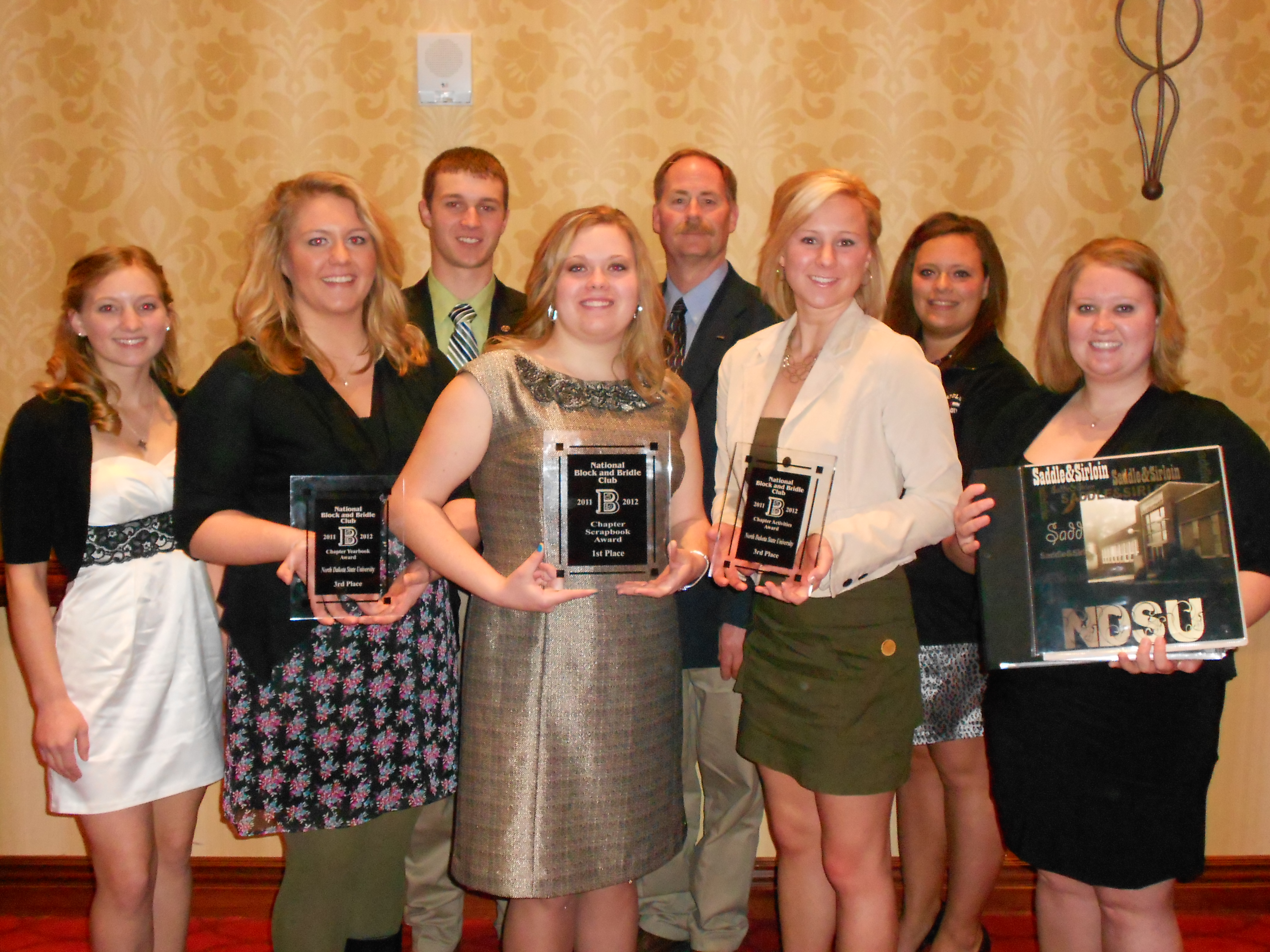 NDSU Saddle and Sirloin Club members place in competition at the National Block and Bridle Convention in Murfreesboro, Tenn. Pictured are (from left to right, front row): team members Kathryn Smith, Lacy Wulfekuhle, Jordan Hieber, Beth Hendrickx and Marcy McNichols and (back row) team member Aaron Steckler, adviser Jim Kirsch and team member Nicole Wynsteker.