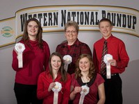 Morton County's 4-H consumer choices team placed in competition at the Western National Roundup in Colorado. Pictured are (front row, left to right) team members Renae Tokach and Rachel Goettle and (back row, left to right) team member Tyrza Hoines, team coach Vanessa Hoines and team member Dominick Goettle.