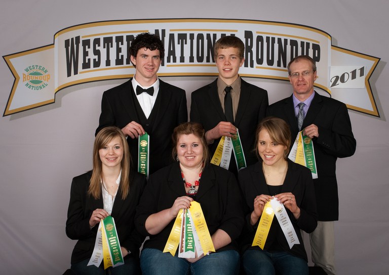 Oliver County's 4-H livestock judging team placed in competition at the Western National Roundup in Colorado. Pictured are (front row, left to right) team members Courtney Tweeten, Ashley Giedd and Kristen Liffrig and (back row, left to right) team members John Klein and Peter Liffrig and team coach Rick Schmidt.