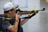 Derek Melcer, a Ramsey County shooting sports team member, takes a shot in air rifle competition at the National 4-H Shooting Sports Invitational in Grand Island, Neb.