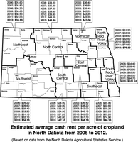 Estimated average cash rent per acre of cropland in North Dakota from 2006 to 2012.