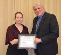 Cheryl Wachenheim, professor, Department of Agribusiness and Applied Economics, receives the William J. and Angelyn A. Austin Excellence in Advising Award from David Buchanan, associate dean for academic programs in the College of Agriculture, Food Systems, and Natural Resources.