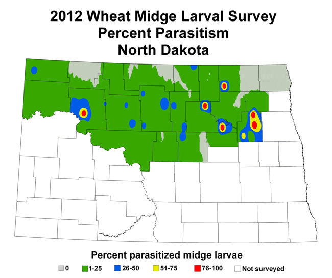 2012 Wheat Midge Larval Survey Percent Parasitism North Dakota