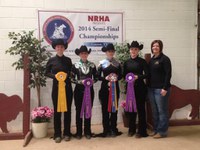 Members of NDSU's equestrian team display the ribbons they received at the Zone 7 Region 3 semifinal competition in Texas. Pictured (from left) are team members Janna Rice, Cami Slaubaugh, Hailey Aagard and Ashley Lindell, and coach Tara Swanson.