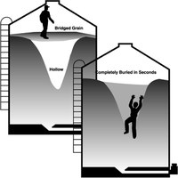 Grain kernels may stick together in a grain bin, forming a crust. When grain is removed, a hollow can form under the crust, creating a bridge. That bridge can collapse under a person's weight and burying the person in seconds.