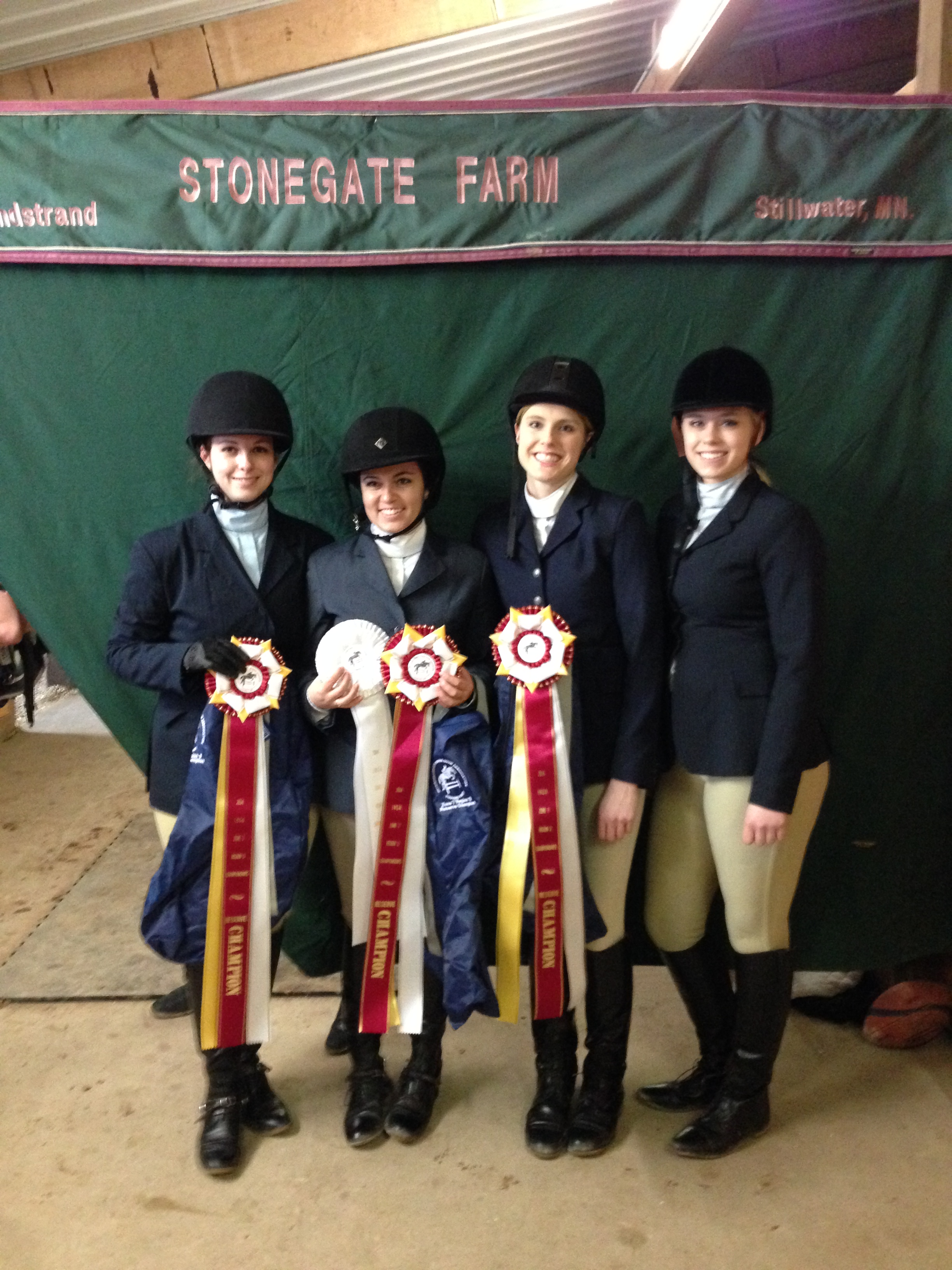 Four members of NDSU's hunt seat equestrian team competed in the Intercollegiate Horse Show Association's Zone 7, Region 3, horse show in Stillwater, Minn., in February. They are, from left, Deann Berntson, Sarah Bridge, Kaylin Scarberry and Sydney Larson. Berntson, Bridge and Scarberry are advancing to competition in Madison, Wis., in April.