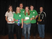 The Oliver County team took first place in the senior division of the 4-H livestock judging contest at the North Dakota Winter Show. Pictured (from left) are team members Rebecca Liffrig, Courtney Tweeten, Peter Liffrig, Emily Klein and Shane Giedd, and coach Rick Schmidt.