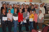 Front row, left to right: Dena Kemmet, Mercer County Extension agent, family and consumer sciences; Marcia Hellandsaas, McKenzie County Extension agent, family and consumer sciences; Sonja Fuchs, Web technology specialist, Agriculture Communication; Acacia Stuckle, Emmons and Kidder counties Extension agent, 4-H youth development; Mary Froelich, Williams County Extension agent, family and consumer sciences; Susan Milender, Barnes County Extension agent, family and consumer sciences; Marietta Good, Rolette County Extension agent, Family Nutrition Program (FNP); Carolee Kaylor, Pierce County nutrition education assistant, Family Nutrition Program; second row: Roxanne Meyer, Farm and Ranch Guide; Sharon Smith, Mountrail County Extension agent, 4-H youth development; Susan Finneseth, Expanded Food and Nutrition Education Program/FNP manager; Callie Johnson, McHenry County Extension agent, family and consumer sciences; Karla Monson, Bottineau County Extension agent, family and consumer sciences; Cindy Klapperich, Sargent County Extension agent, family and consumer sciences; Deb Lee, Ransom County Extension agent, family and consumer sciences; Colleen Svingen, Richland County Extension agent, family and consumer sciences; back row: Ellen Crawford, information specialist, Agriculture Communication; Julie Garden-Robinson, food and nutrition specialist; Jane Strommen, gerontology specialist; Ellen Bjelland, Ward County Extension agent, family and consumer sciences; Bob Bertsch, Web technology specialist, Agriculture Communication; Vanessa Hoines, Morton County Extension agent, family and consumer sciences; and Chris Boerboom, NDSU Extension Service director