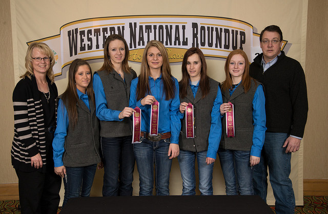 North Dakota's horse quiz bowl team places seventh at the Western National Roundup in Denver, Colo. Pictured (from left) are Mindy Sigvaldsen, coach; team members Cheyenne Liedle (Mountrail County), Maria Levin (Stutsman County), Shambre Feiring (Mountrail County), Taylor Smith (Mountrail County) and Haley Goodall (Mountrail County); and Jim Hennessy, coach.