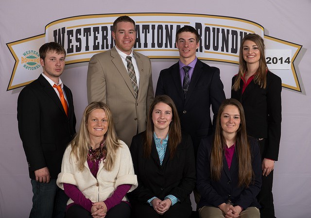 The Kidder County livestock judging team places 11th overall at the Western National Roundup in Denver, Colo. Pictured are (back row from left) coaches Brandon Koenig and Zac Hall and team members Aaron Subart and Megan Gross, and (front row from left) coach Lacey Schneider and team members Monica Fitterer and Kacey Koester.
