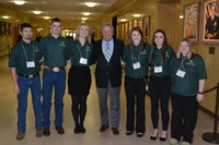 Several North Dakota 4-H delegates meet with Gov. Jack Dalrymple (center) during the 2015 Citizenship in Action event. The delegates are (from left) Alex Irlmeier, Stutsman County; Ceph Dockter, Stutsman County; Brittany Aasand, Foster County; Jacey Retzlaff, Foster County; Casey Mack, Foster County; and Mariah House, Foster County.