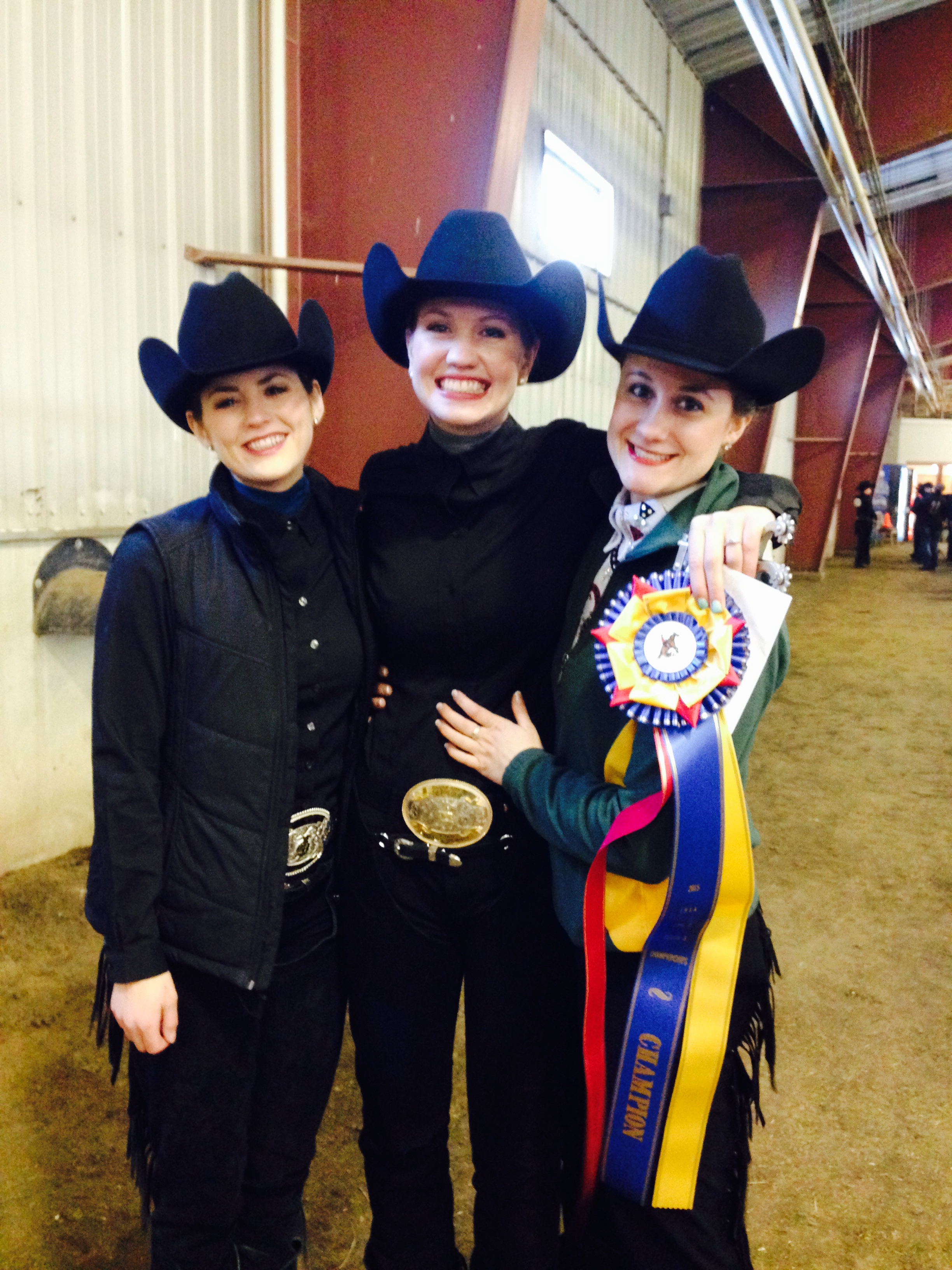 Janna Rice (center), a senior from Maddock, is advancing to semifinal competition in Ohio. Rice, along with Rylee Burkett, a senior from Rochester, Ind. (left), and Nicole Holasek, a senior from Waconia, Minn., competed in an event at the NDSU Equine Center in February. (NDSU photo)