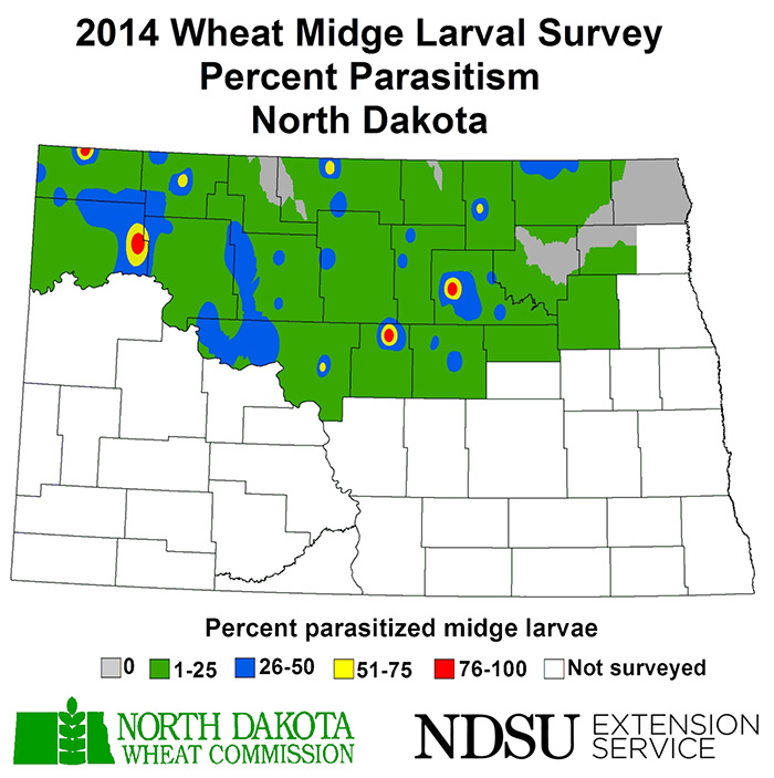 2014 wheat midge larval survey percent of parasitism in North Dakota