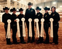 NDSU riders display the ribbons they received in competition this spring. Pictured are (from left) team members Courtney Bolstad, Nicole Anderson, Hannah Bucheger, Blaine Novak, Janna Rice and Allee Lee, and coach Tara Swanson.
