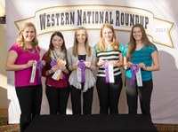 The Walsh County consumer choices team places third overall at the Western National Roundup in Denver, Colo. Pictured are team memebers (from left): Emily Zikmund, Rachel Klose, Mikayla Fingarson, Julia Koppang and Gretchen Brummond. (Photo courtesy of Western National Roundup)