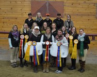 NDSU's hunt seat team wins its first regional high-point team title. Pictured are (from left, front row): Rebecca Prasch, Mattia Gunkelman (coach), Bryn Halley; (middle row) Sarah Jilka, Kayla Young, Erin Thelander, Lauren Ciernia, Bridget Kackos, Hailey Aagard, Morgan Samuelson, Samantha Stoel; (back row) Kara Berntson, Dana Williams, Madysen Offerman, Nick Scarberry and Emma Ballard. (NDSU photo)