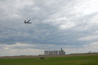 The Hermes 450 takes off from the Hillsboro Municipal Airport on its first data-collection flight Friday. (NDSU photo)