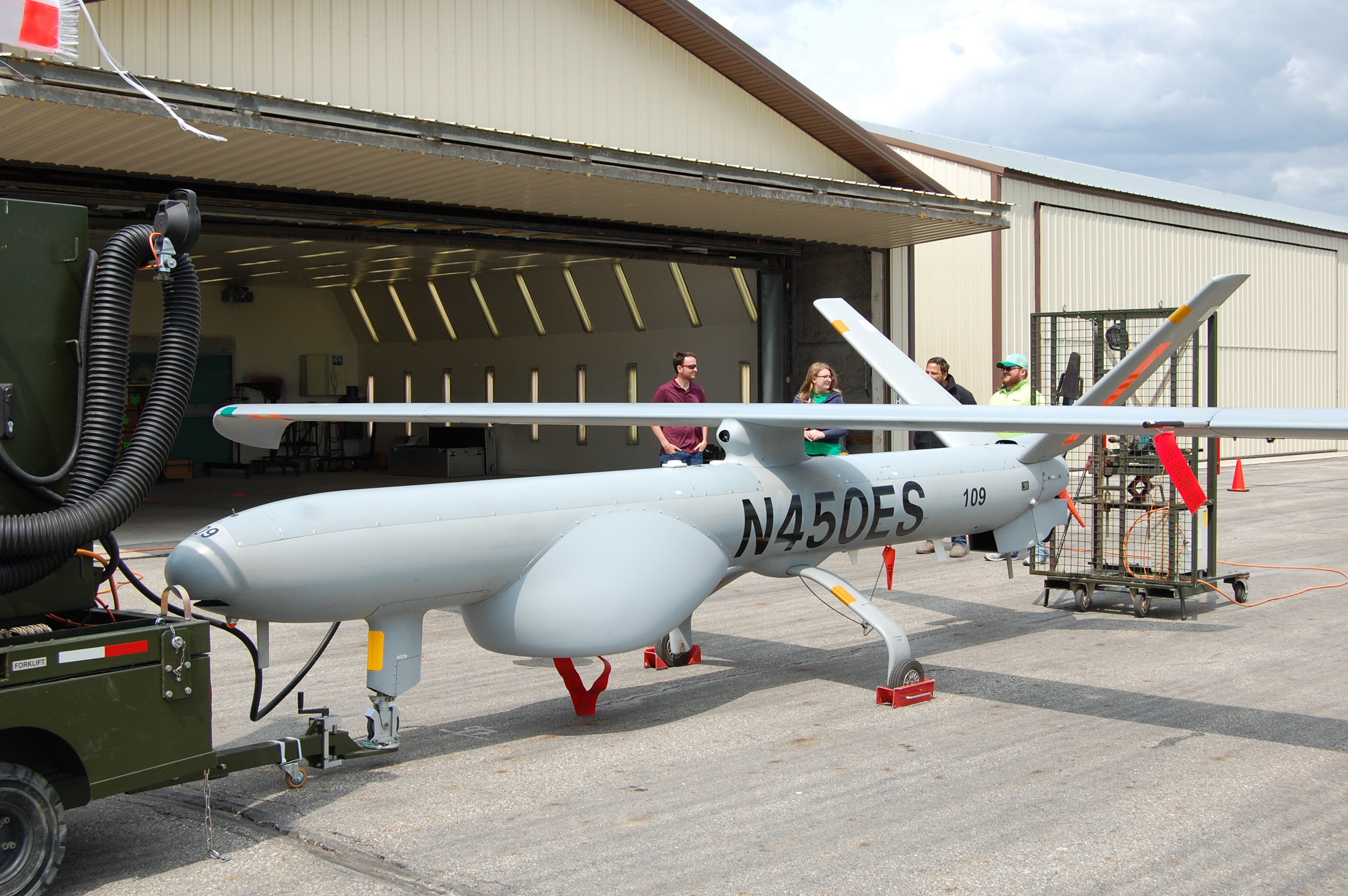 The Hermes 450 waits to be towed to the runway at the Hillsboro Municipal Airport on Friday afternoon. (NDSU photo)