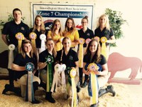 The NDSU hunt seat equestrian team takes third place in zones comeptition hosted by West Texas A&M. Pictured are, from left, front row: Bryn Halley, Hailey Aagard, Kayla Young and Morgan Samuelson; back row: Nick Scarberry, Bridget Kackos, Mattia Gunkelman, Rebecca Prasch, Emma Ballard and Dana Williams. (Photo courtesy of Mattia Gunkelman)