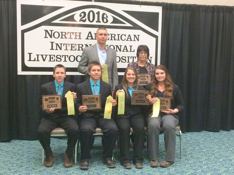 Morton County's team places seventh overall in the National 4-H Livestock Judging Contest in Louisville, Ky. Pictured are (from left, front row) team members Stetson Ellingson, Jameson Ellingson, Kelsie Jo Schaff and Sara Jochim and (back row) coaches Luke Keller and Jackie Buckley. (NDSU photo)