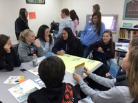 Student council members from schools in Ashley, Linton and Napoleon participate in a Real Colors activity during a Youth Lead Local event in Napoleon. (NDSU photo)