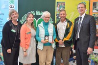 Barb Rice of Maddock, center, receives North Dakota's Outstanding Lifetime 4-H Volunteer Award for 2016. Pictured with her are (from left) Tammy Meyer, chair of the North Dakota 4-H Foundation board; Kimberly Fox, NDSU Extension Service family and consumer sciences and Family Nutrition Program agent for Benson County; Scott Knoke, Extension's agriculture and natural resources agent for Benson County; and Chris Boerboom, NDSU Extension director. (NDSU photo)