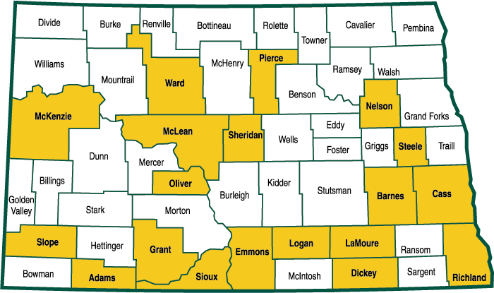 These counties are participating in an NDSU Extension Service project to monitor grazing readiness.