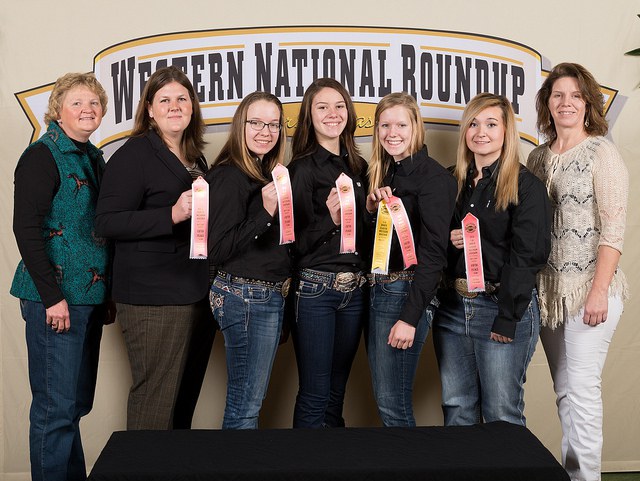 North Dakota's horse quiz bowl team places fifth overall at the Western National Roundup in Denver, Colo. Picutred are, from left: coaches Julie Hassebroek (Sargent County) and Paige Brummund (Ward County); team members Kaitlyn Shockley, Laura Levin, Victoria Christensen and Andrea Skarphol; and coach Linda Levin (Stutsman County). (Photo courtesy of Adam Warren Photography)