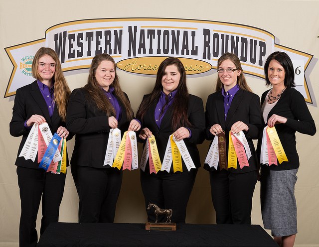 The Kidder County hippology team places fourth overall at the Western National Roundup in Denver, Colo. Pictured are, from left: team members Morgan Dutton, Kaden Strom, Cheyenne Klien and Teresa Wald, and coach Erin Benshoof. (Photo courtesy of Adam Warren Photography)