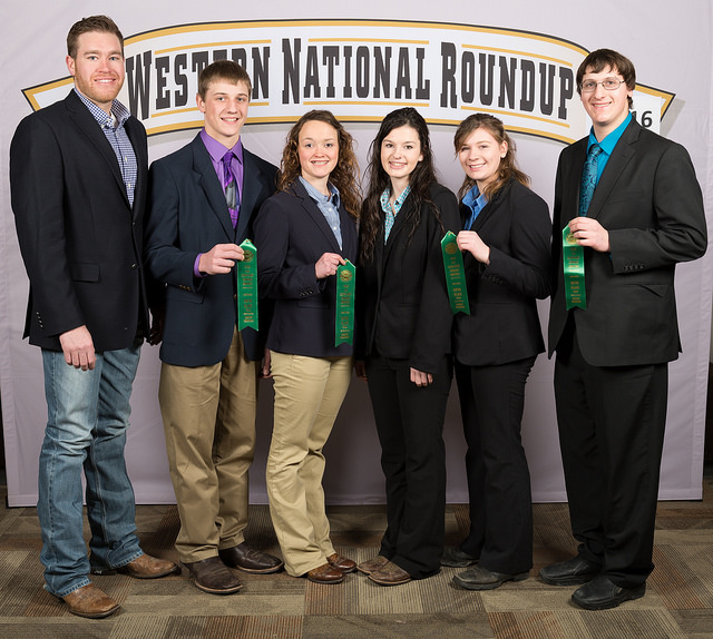 The Kidder County livestock judging team places 18th overall at the Western National Roundup in Denver, Colo. Picutred are, from left: coach Zac Hall and team members Jaxon Deckert, Shaye Koester, Michelle Fitterer, Cierra Dockter and Dalton Dockter. (Photo courtesy of Adam Warren Photography)