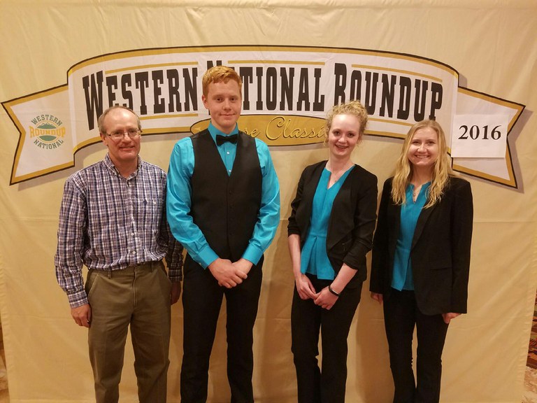 The Oliver County consumer choices team places seventh overall at the Western National Roundup in Denver, Colo. Pictured are, from left: coach Rick Schmidt and team members William Liffrig, Abby Hintz and Kaitlyn Peterson. (Photo courtesy of Adam Warren Photography)