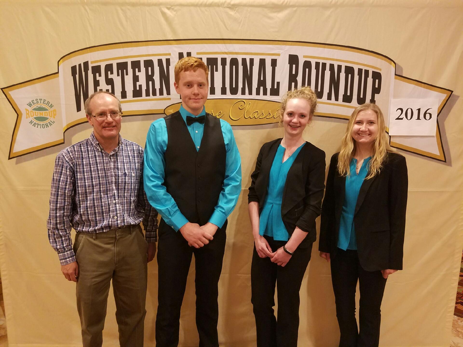 The Oliver County consumer choices team places seventh overall at the Western National Roundup in Denver, Colo. Pictured are, from left: coach Rick Schmidt and team members William Liffrig, Abby Hintz and Kaitlyn Peterson. (Photo courtesy of Adam Warren Photography)