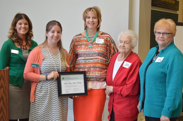 The Benson/Jacobson family of Benson County is named a 4-H century family. Pictured are, from left: Meredith Pittenger, formerly of the North Dakota 4-H Foundation; Kimberly Fox, NDSU Extension Service agent in Benson County; Lorissa Green; Betty Jacobson and Bonnie Benson. (NDSU photo)